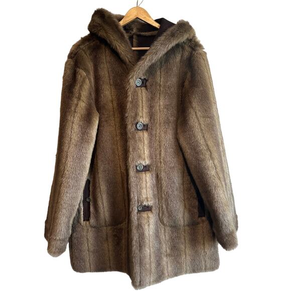 Dennis Basso Reversible Faux Suede and Fur Hooded Coat Brown M - Picture 9 of 14